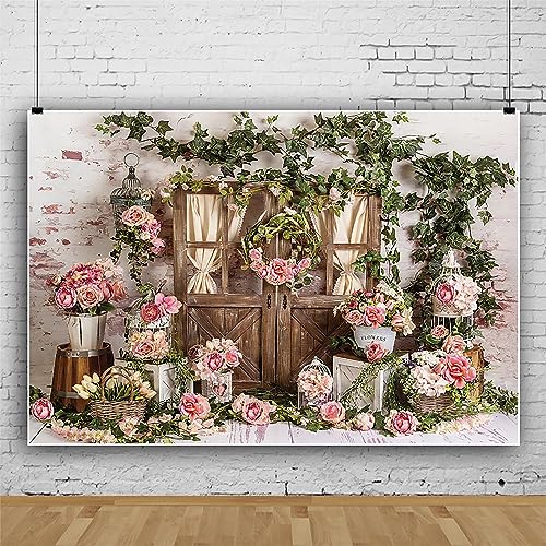 Renaiss 5x3ft Rustic Flower Shop Backdrop for Photoshoot Kids Adults Portrait Green Vines Leaves Pink Blossoms Wood Door Florist Photography Background Wedding Birthday Party Decors Photo Booth Props - size: 5x3ft