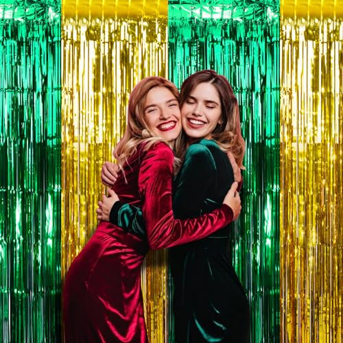 6Pack 3.3Ft x 6.6Ft Graduation Foil Fringe Curtain Backdrop Decorations, Green Gold Metallic Tinsel Foil Streamers Curtain Photo Booth Background for Graduation Prom Wedding Birthday Party Decoration - color: Green Gold