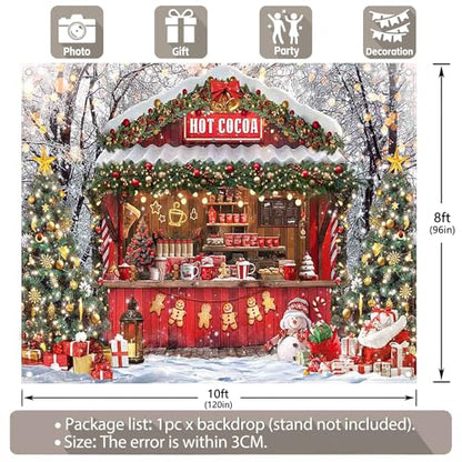 Fabric 10x8ft Christmas Hot Cocoa Bar Photography Backdrop Candy Shop Winter Snowman Scene Xmas Tree Chocolate Background Kids Family Party Decorations Photo Props - size: 10'x8'