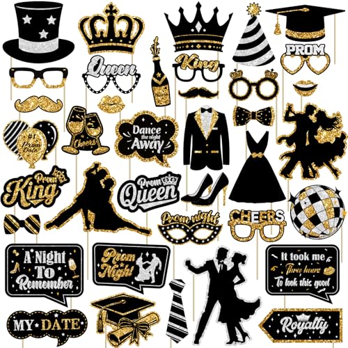 Prom Photo Booth Props, 39Pcs Black Gold and Silver Prom Send Off Decorations Photo Booth Props for Masquerade Party Decorations for Home Office Decoration