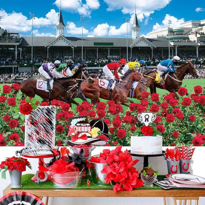 Red Rose Garden Racecourse Photography Background 7x5FT Horse Racing Run for The Roses Banner Horse Party Decorations Supplies - size: 7x5FT: 84x60 inch