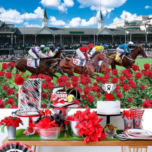 Kentucky Derby Backdrop Red Rose Garden Racecourse Photography Background Horse Racing Run for The Roses Banner Kentucky Derby Party Decorations Supplies (8x6FT: 96x72 inch) - size: 8x6FT: 96x72 inch