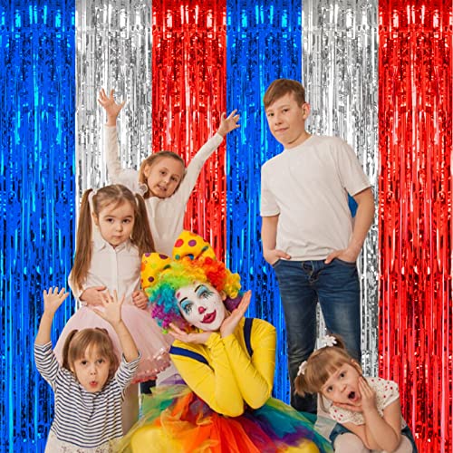 PIGETALE, 2 Pack 3.2 x 8.2 ft Red White and Blue Foil Fringe Backdrop Curtain, Streamer Backdrop Tinsel Curtains Photo Booth Props for Graduation Birthday Memo - color: Blue, Silver and Red
