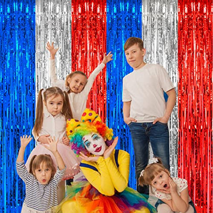 PIGETALE, 2 Pack 3.2 x 8.2 ft Red White and Blue Foil Fringe Backdrop Curtain, Streamer Backdrop Tinsel Curtains Photo Booth Props for Graduation Birthday Memo - color: Blue, Silver and Red