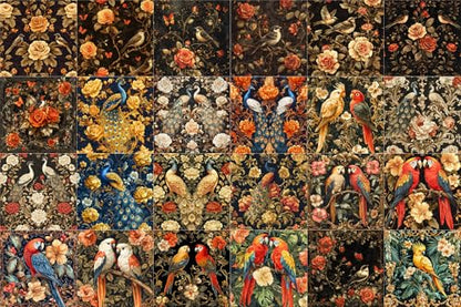 FLONZ Scrapbook Paper (24 sheets 6"x6") Ornamental Bird Tapestry ~ A lush collection of exotic birds and florals in richly detailed baroque-inspired style with dark backgrounds and vintage elegance