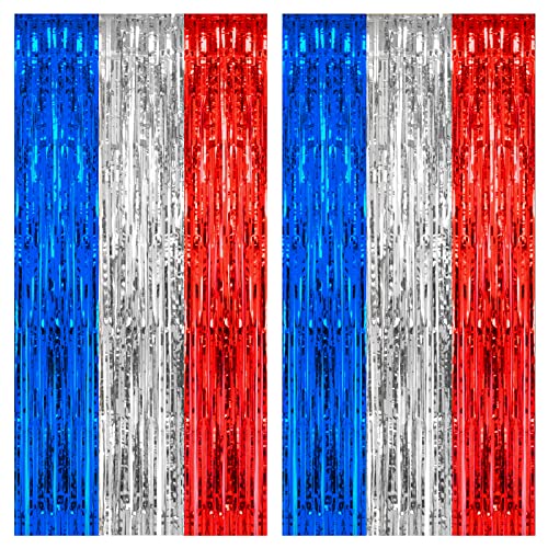 PIGETALE, 2 Pack 3.2 x 8.2 ft Red White and Blue Foil Fringe Backdrop Curtain, Streamer Backdrop Tinsel Curtains Photo Booth Props for Graduation Birthday Memo - color: Blue, Silver and Red