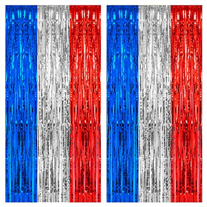 PIGETALE, 2 Pack 3.2 x 8.2 ft Red White and Blue Foil Fringe Backdrop Curtain, Streamer Backdrop Tinsel Curtains Photo Booth Props for Graduation Birthday Memo - color: Blue, Silver and Red