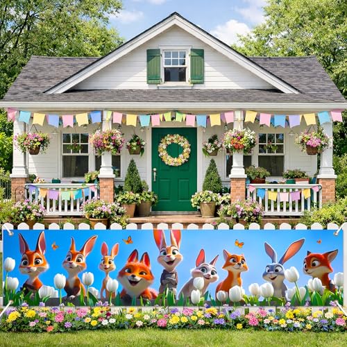 BlissYard Spring Woodland Animal Banner 78x17 Inches Cute Forest Animals Banner Vertical Hanging Fabric Porch Decor for Front Door Patio Garden Fence Photo Backdrop Spring Outdoor Party Decoration - color: Spring Decorations Banner #002, size: 78 x 17 Inc