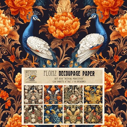 Decoupage Paper Pack (24 Sheets 6"x6") Royal Peacock: Majestic Blue and Gold Peacock Surrounded by Lush Florals in Regal Hues # Vintage Styled Paper for Craft and Scrapbooking - color: Fortyeleven