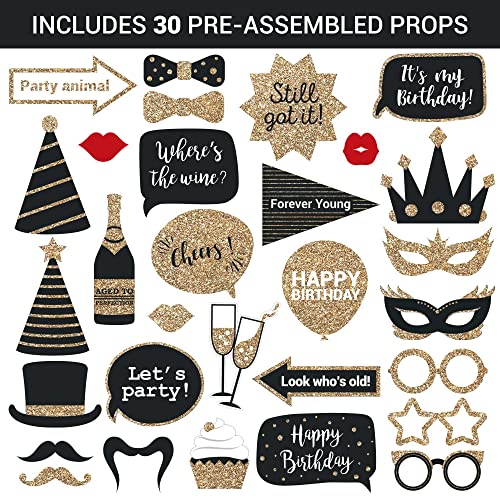 Fully Assembled Birthday Photo Booth Props. 30 Piece Box Set of Black & Gold Selfie Party Supplies and Decorations Kit with Real Glitter - Cute Bday Designs for Women - Did We Mention No DIY