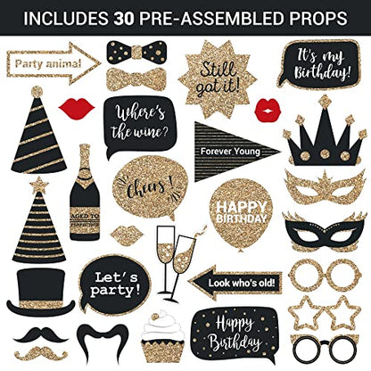 Fully Assembled Birthday Photo Booth Props. 30 Piece Box Set of Black & Gold Selfie Party Supplies and Decorations Kit with Real Glitter - Cute Bday Designs for Women - Did We Mention No DIY