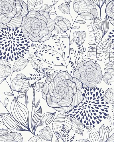 Wudnaye Navy Blue Floral Peel and Stick Wallpaper Blue and White Wallpaper 16.9"×118" Navy Floral Stick and Peel Wall Paper Flowers Contact Paper Self Adhesive Removable Waterproof for Bathroom Decor - color: Blue, size: 17" x 118"