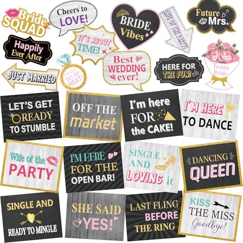 Feifeiya 24 Designs Wedding Photo Booth Props Double Sided Wedding Marriage Parties Decorations 8” x 10” Waterproof Cardstock DIY for Bridal Shower Bachelorette(Champagne Gold) - color: Champagne Gold