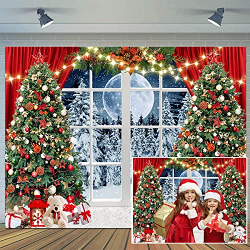 10x8ft Christmas Window Backdrop for Photography Winter Xmas Tree Snow Gift New Year Christmas Party Backdrops Xmas Night Family Party Background D806 - size: 10x8ft