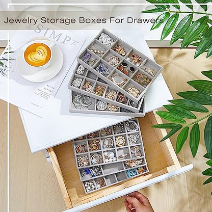 Junkin 12 Pcs Jewelry Tray Velvet Stackable Jewelry Organizer Trays Divided Earring Accessories Storage Containers Box (Rose Red) - color: Gray