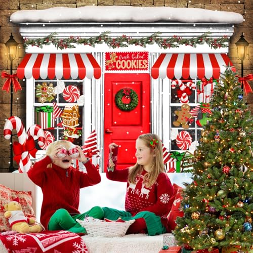 Mocsicka 7x5ft Christmas Candy Store Backdrop Xmas Gingerbread Store Photography Background Candy Cane Holiday Party Photo Decor Portrait Studio Booth Photobooth Props - size: 7x5ft