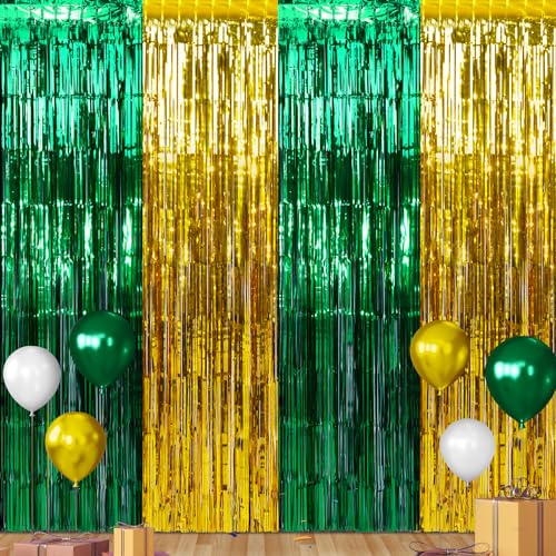 6Pack 3.3Ft x 6.6Ft Graduation Foil Fringe Curtain Backdrop Decorations, Green Gold Metallic Tinsel Foil Streamers Curtain Photo Booth Background for Graduation Prom Wedding Birthday Party Decoration - color: Green Gold