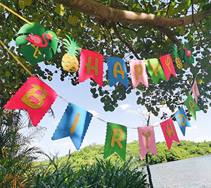 Hawaiian Birthday Party Decoration for Luau Summer Pool Glitter Gold Birthday Banner for Aloha Party Coconut Palm and Beach Happy Birthday Banner Photography Props