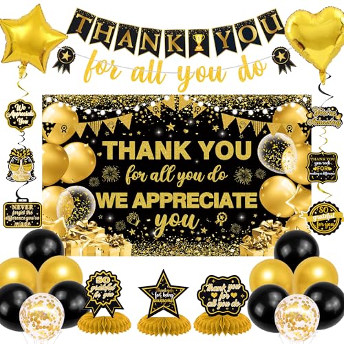 Vlipoeasn We Appreciate You Banner Decorations, Black Gold Thank You for All You Do Backdrop Banner Honeycomb Centerpieces, Retirement Office Decor Staff Teachers Professors Doctor Nurses Appreciation - style: Black Gold