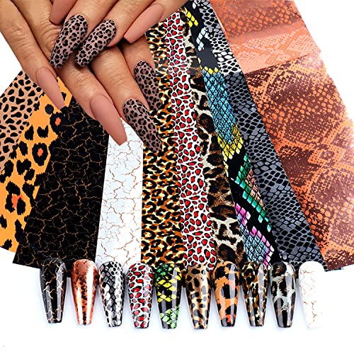 Leopard Nail Art Foil Transfer Stickers Laser Nail Foil Decals Supplies Animal Texture Designs Glue Transfer Sticker for Women Fingernails and Toenails Decorations Manicure Tips 10Sheets - style: Leopard Print