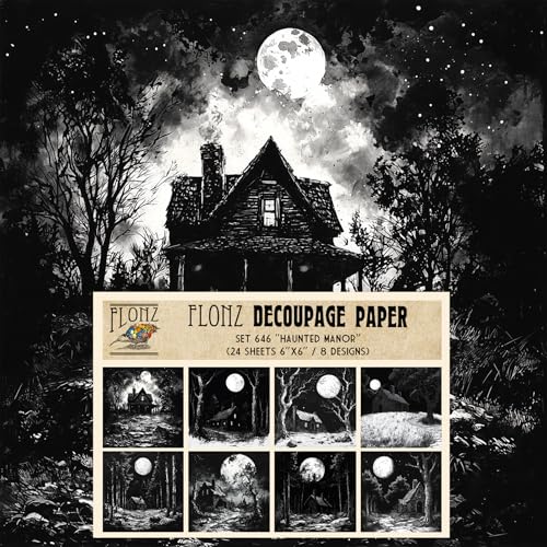 Decoupage Paper Pack (24 Sheets 6"x6") Haunted Manor: Dark Nocturnal Scenes Featuring Eerie Moonlit Houses, Twisted Trees, and Gothic Landscapes for a Chilling Ambiance. # FLONZ Vintage Craft - color: FourtyTwo