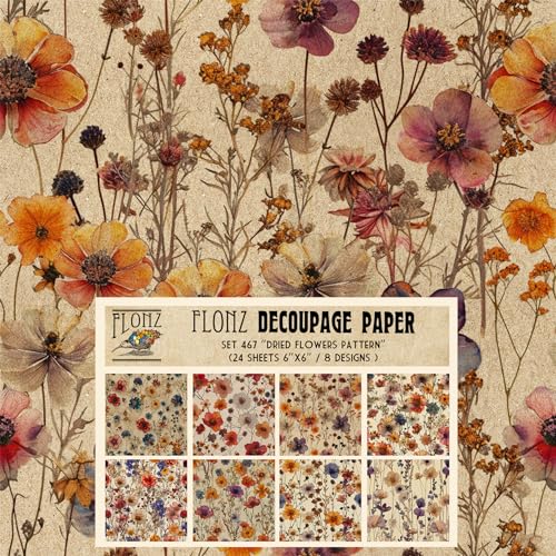 Decoupage Paper Pack (24 Sheets 6"x6") Dried Flowers Pattern # Vintage Styled Pattern Paper for Decoupage, Craft and Scrapbooking - color: FortyTwo