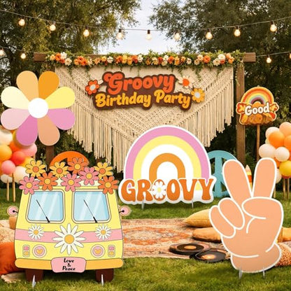 4 Pcs 24 Inch Large Hippie Photo Booth Props Retro Groovy Cardboard Cutout Party Decorations Boho Bus Daisy Peace Sign Hand Rainbow Frame Backdrop for 60s 70s Hippie Baby Shower Party Supply - style: Hippie