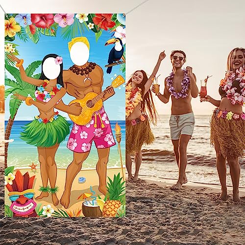 Capoda Hawaiian Party Decorations Luau Couple Photo Prop Hawaiian Photo Backdrop Background Tropical Beach Prop Couple Door Banner for Summer Luau Party Favors Supplies