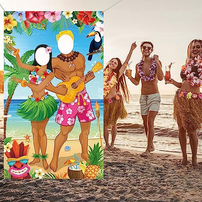 Capoda Hawaiian Party Decorations Luau Couple Photo Prop Hawaiian Photo Backdrop Background Tropical Beach Prop Couple Door Banner for Summer Luau Party Favors Supplies