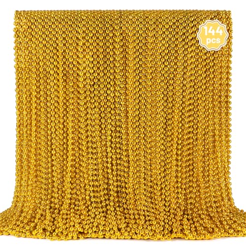 YAXINRUI 144 PCS Gold Mardi Gras Beads, Gold Bead Necklaces, Christmas Bead Necklaces, 33 Inch Round Beaded Necklace for Mardi Gras Party Christmas New Year Eve Festive Events, Party Favors - color: Gold, size: 144 Pcs