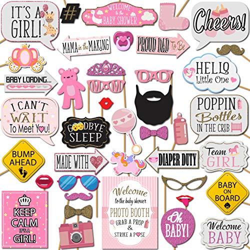 Girl Baby Shower Photo Booth Props - 41-pc Photobooth Kit with 8 x 10-Inch Sign, 60 Adhesive Pads, 45 Sticks - Baby Photo Booth Props Girl - Photo Props for Baby Shower