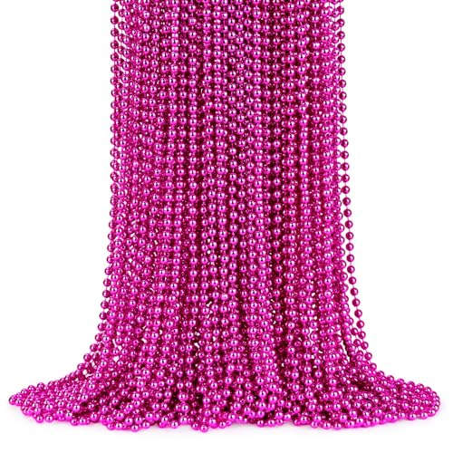 72 PCS Hot Pink Bead Necklace, Pink Mardi Gras Beads, Cancer Awareness Necklaces, 33 Inch Round Valentine Party Beads for Mardi Gras Christmas Cancer Awareness Month Events Mother's Day Decor - color: Hot Pink, size: 72 Pcs