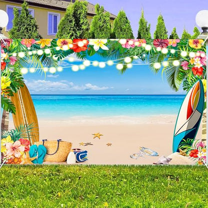 10 x 6 ft Summer Party Backdrop Hawaii Ocean Beach Tropical Leaves Flower Background Aloha Decorations Photo Booth Props Seaside Luau Happy Birthday Party Banner - size: 10*6 ft