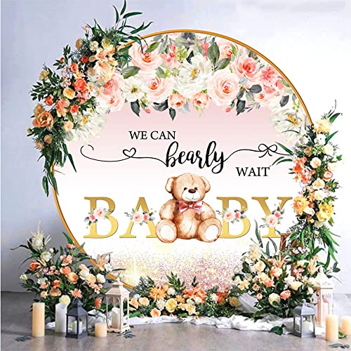 5x5ft Polyester Girl Baby Shower Round Backdrop Cover We Can Bearly Wait Baby Photography Background Pink Floral Flowers Newborn Announce Pregnancy Party Decor Supplies Photo Portrait Props - color: Pink01, size: 5x5ft-Diameter