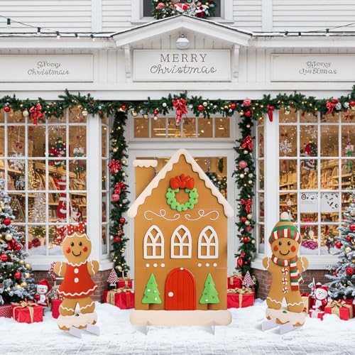 Soulchen 3 Pcs 39.4 Inch Gingerbread Backdrop Cardboard Cutout Gingerbread Man House Christmas Photo Booth Props Background Stand up Christmas Party Decorations Games for Party Supplies - style: Gingerbread Man