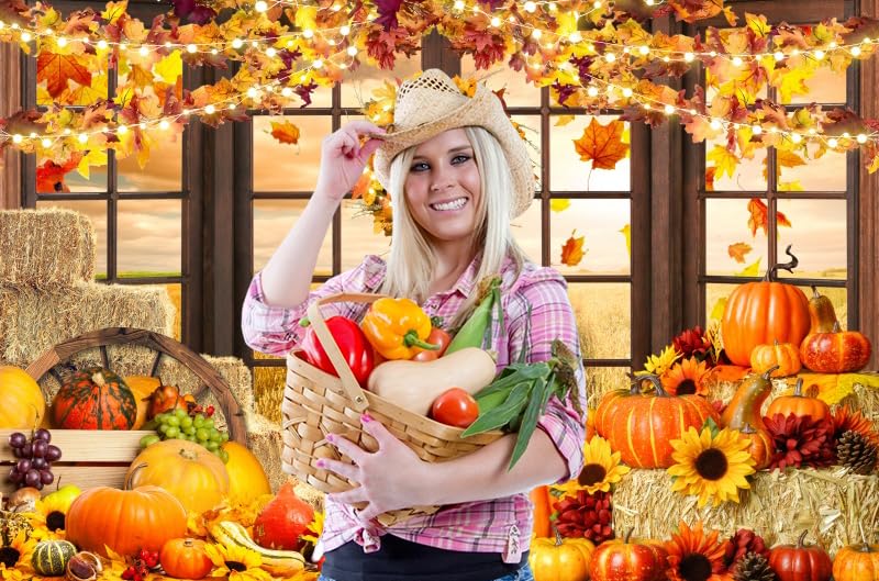 Fall Thanksgiving Backdrop for Photography Autumn Window Pumpkin Harvest Photo Backdrop 10x8ft Maple Leaves Haystack Wheat Field Harvest Background Birthday Party Event Studio Props Banner - color: NWH20204