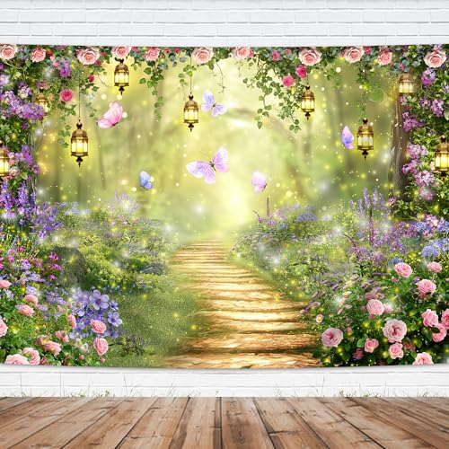 Fairy Wonderland Tale Backdrop 7Wx5H Feet Greenery Enchanted Woodland Garden Polyester Fabric Pink Purple Flower Floral Butterfly Photography Backgrounds Photo Shoot Decor Props Decoration - color: A-Fairy04, size: 7Wx5H