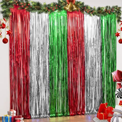 LOLStar 3 Pack Christmas Party Decorations 3.3 x 6.6ft Foil Fringe Curtains Red Silver Green Tinsel Metallic Photobooth Props Backdrop Streamers for Christmas in July, New Year, Ugly Sweater Party - size: 3 PACK