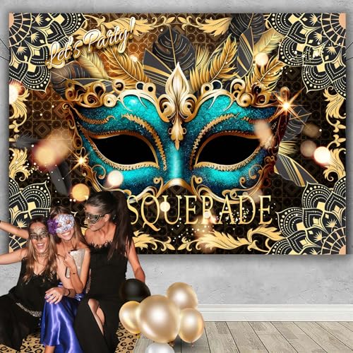Masquerade Backdrop, Mardi Gras Luxury Glitter Gold Retro Backdrops for Ball Dance Mask Birthday Party Photography Decorations Supplies Favors Banner Photo Booth Props, 7 x 5 ft - size: 7x5ft