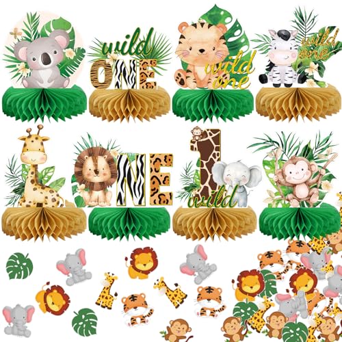 Wild One Birthday Decorations Jungle Baby Shower Honeycomb Centerpieces for Boys and Girls,8 Pcs Safari Centerpieces and Confetti Table Decorations, Safari Jungle Animals Party Decor - color: Green Gold-wild One