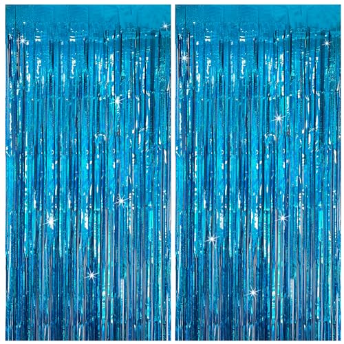 Tinsel Curtain Party Backdrop Blue Birthday Party Decorations 2 Packs Glitter Foil Fringe Curtain Party Decor Streamers Photo Booth for Birthday Christmas Wedding Halloween Graduation Decorations - color: Sky Blue, size: 2 Pack
