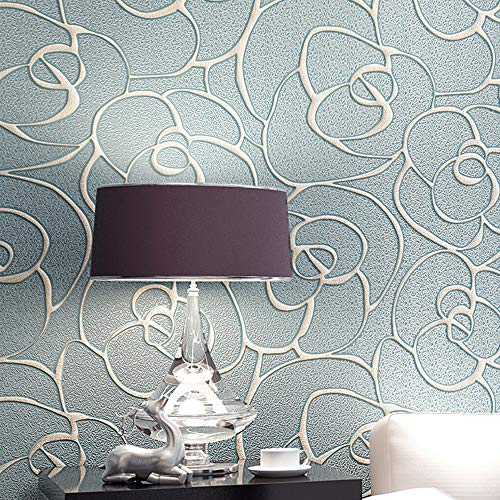 Q QIHANG Modern Minimalist Embossed 3D Rose Flower Non-Woven Wallpaper Light Blue Color Non-self Adhesive Wallpaper 0.53m x 10m=5.3㎡ - color: Light Blue
