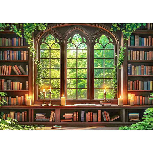 10x8ft Fabric Vintage Wooden Bookshelf Backdrop Retro Library Window Green Forest Candle Photography Background Indoor School Decorations Photo Booth Props - size: 10'x8'