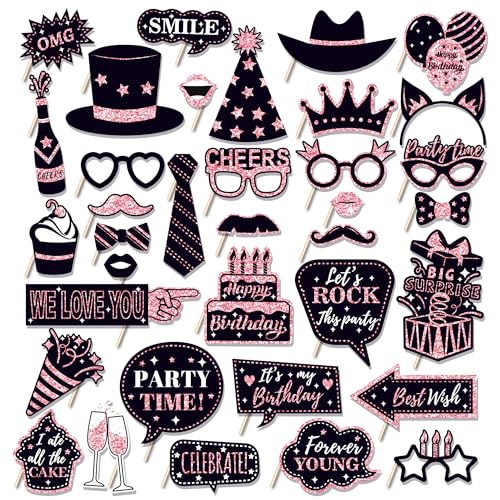 36 PCS Birthday Photo Booth Props Party Supplies Holiday Picture Decorations Photo Booth Props for Birthday Party Favors Pose Sign Kit Fun for Party (Black and Pink) - color: Black and Pink