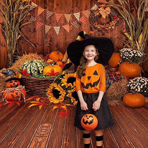 8X8FT Fall Thanksgiving Wooden Floor Barn Autumn Pumpkins Maple Leaves Sunflower Baby Portrait Party Halloween Decoration Vinyl Photography Backdrop Photo Booth Background Studio Prop TP295B - size: 8'x8'