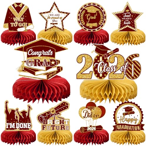 10PCS Graduation Party Decorations Class of 2026 Congrats Grad Table Centerpieces Congratulate Graduation Honeycomb Table Toppers for Graduation Party Supplies(Maroon Gold) - color: Maroon Gold