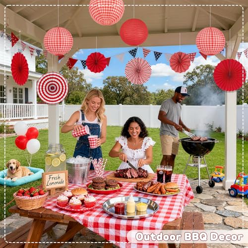 15 Pcs Red Gingham Party Decorations, 12 Inch Hanging Paper Lanterns and Fans for Picnic, BBQ, Pizza Party, Crawfish Boil, Birthday, Baby Shower, Graduation