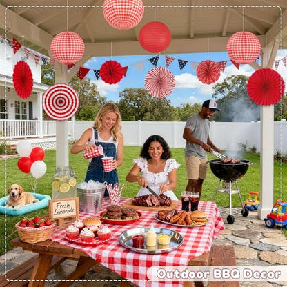 15 Pcs Red Gingham Party Decorations, 12 Inch Hanging Paper Lanterns and Fans for Picnic, BBQ, Pizza Party, Crawfish Boil, Birthday, Baby Shower, Graduation