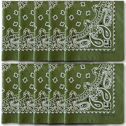 The Peacock Crew Premium Soft Cotton Bandanas Pack for Men and Women Paisley 22 x 22 inches - color: Pack of 10 Olive Green