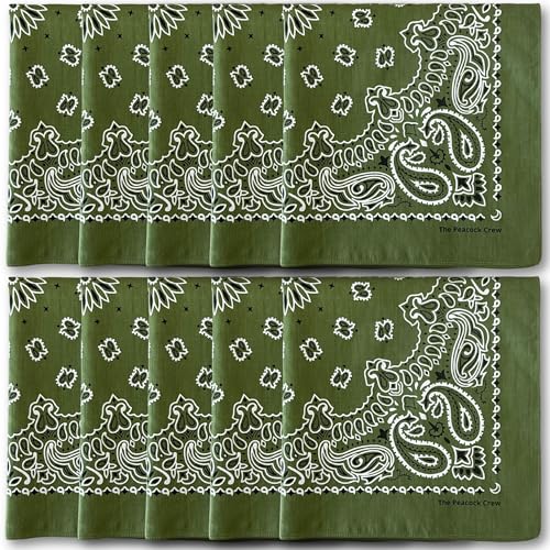 The Peacock Crew Premium Soft Cotton Bandanas Pack for Men and Women Paisley 22 x 22 inches - color: Pack of 10 Olive Green